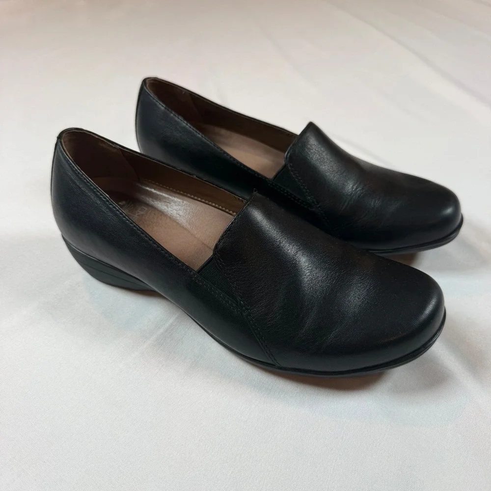 Dansko Fawna Farah Black Leather Slip On Loafers Wedge Shoes Womens 37 US 6.5-7